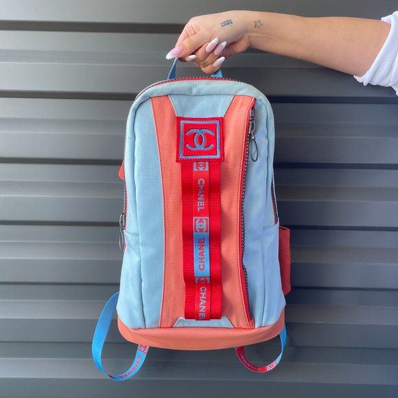 CHANEL Vintage 2002 Sport Blue & Coral Canvas Backpack - Picture 1 of 13